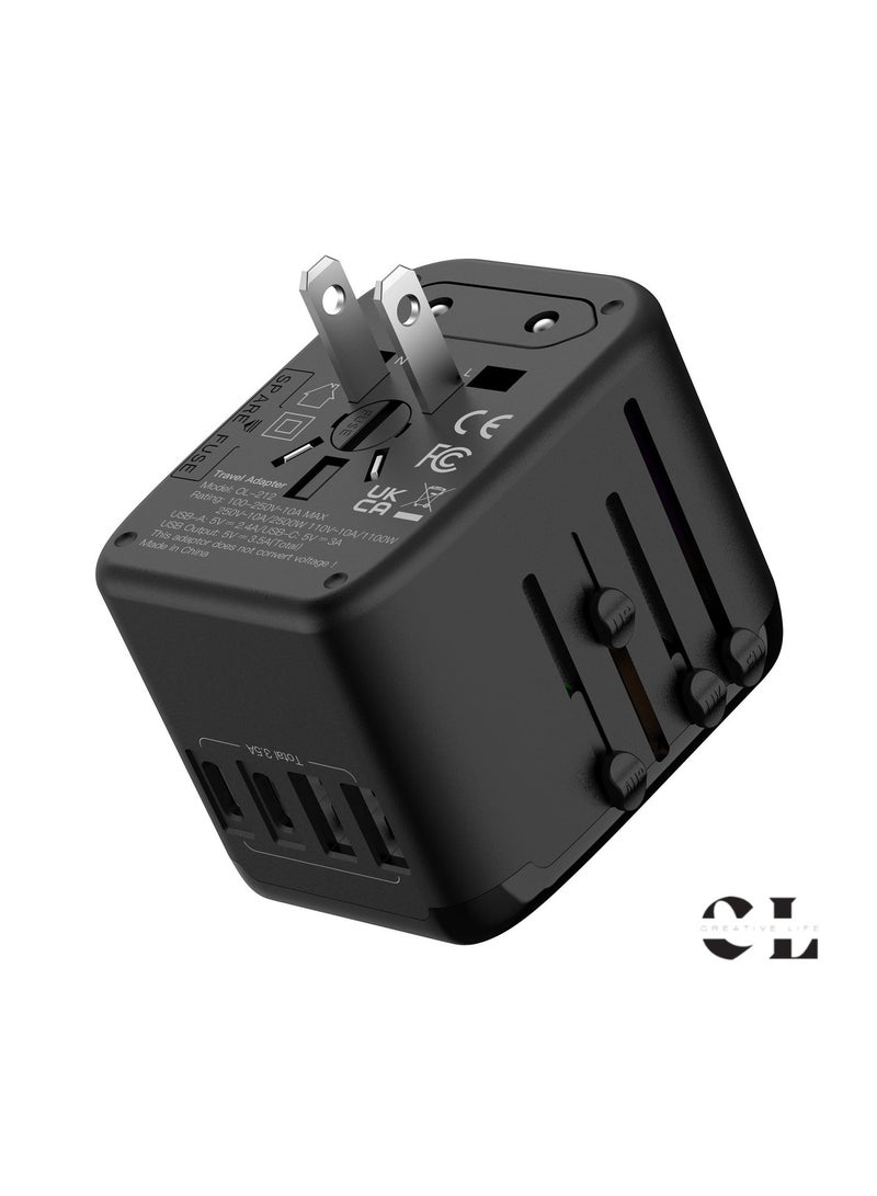 الحياة الإبداعية محول سفر عالمي من Creative Life مع منفذي USB-C ومنفذي USB-A، قدرة قصوى 2500 واط عند 250 فولت، 10 أمبير، متوافق مع أكثر من 150 دولة، مصهر أساسي واحتياطي، حاجب أمان، أسود - Image 2