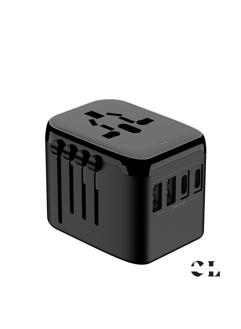 الحياة الإبداعية محول سفر عالمي من Creative Life مع منفذي USB-C ومنفذي USB-A، قدرة قصوى 2500 واط عند 250 فولت، 10 أمبير، متوافق مع أكثر من 150 دولة، مصهر أساسي واحتياطي، حاجب أمان، أسود - Image 1