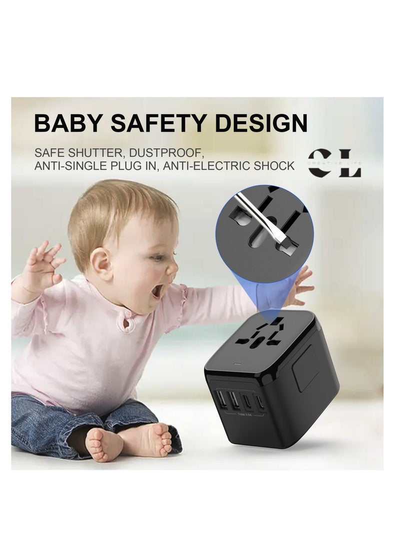 الحياة الإبداعية محول سفر عالمي من Creative Life مع منفذي USB-C ومنفذي USB-A، قدرة قصوى 2500 واط عند 250 فولت، 10 أمبير، متوافق مع أكثر من 150 دولة، مصهر أساسي واحتياطي، حاجب أمان، أسود - Image 5