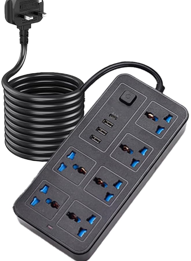 Green Tiger Extension Cord 6 Outlets, Universal Plug Adapter With 3 USB Ports, 2M Wire Extension Lead Multiple Functions, Extension Socket With 1 Type-C Port, (Black) - Image 1