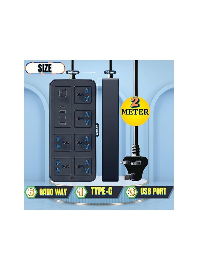 Green Tiger Extension Cord 6 Outlets, Universal Plug Adapter With 3 USB Ports, 2M Wire Extension Lead Multiple Functions, Extension Socket With 1 Type-C Port, (Black) - Image 5