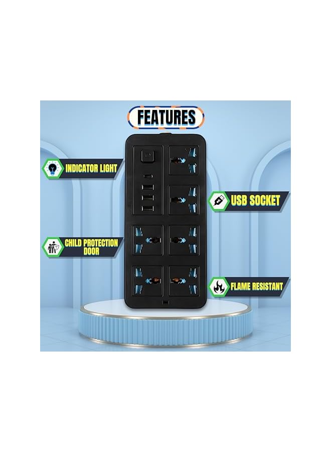 Green Tiger Extension Cord 6 Outlets, Universal Plug Adapter With 3 USB Ports, 2M Wire Extension Lead Multiple Functions, Extension Socket With 1 Type-C Port, (Black) - Image 2