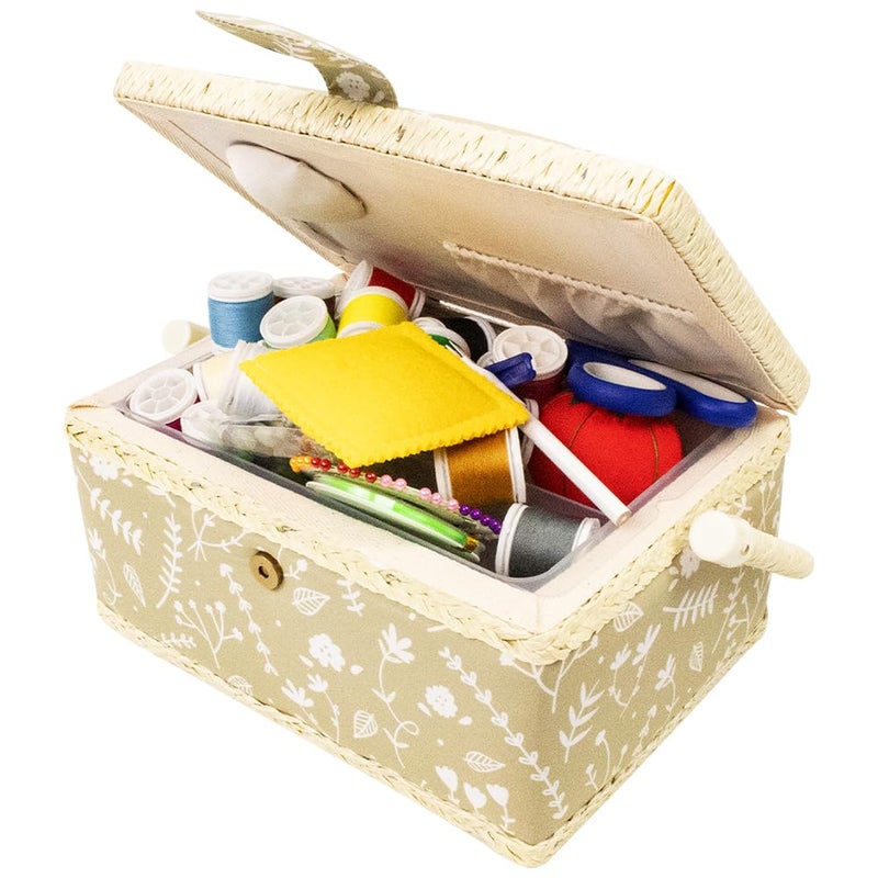 COMFECTO Medium Sewing Basket Sewing Storage and Organizer with Complete Sewing Kit Accessories Included  Wooden Sewing Box Kit with Removable Tray and Tomato Pincushion for Sewing Mending  Beige 