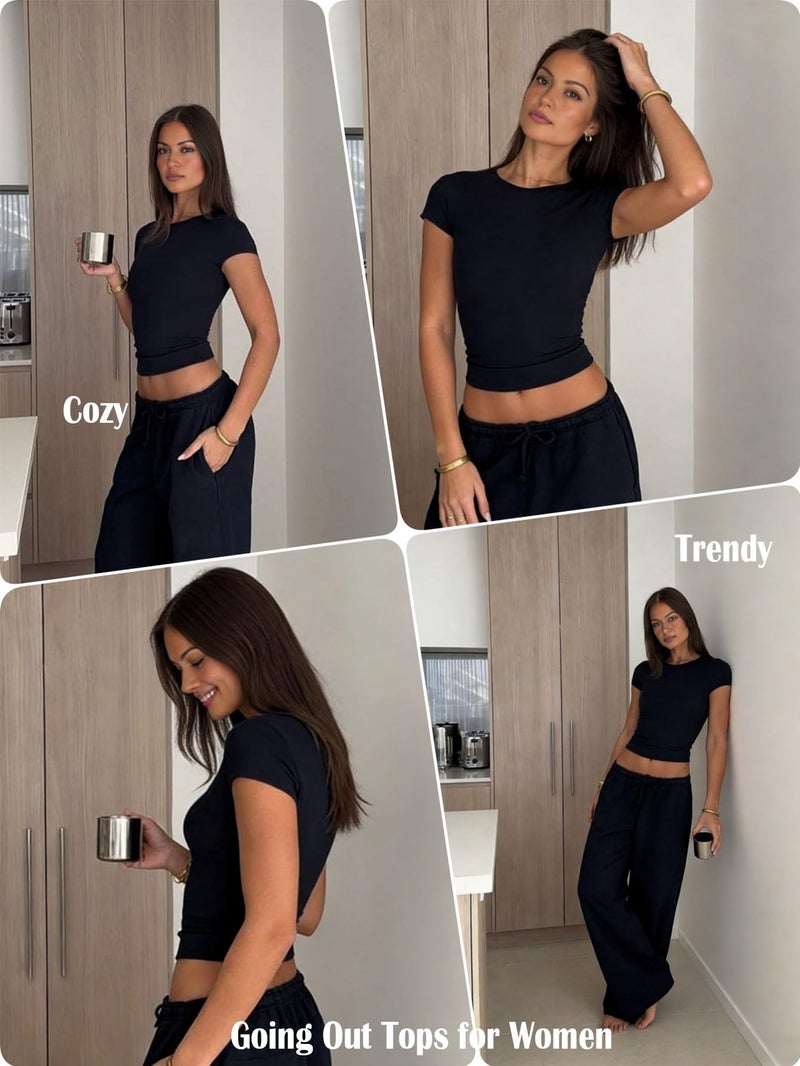 Danysu Womens Cotton Jersey Shirts Crewneck Short Sleeve Crop Tops Slim Fit Basic Y2K Gym Outfits Black X-Small - Image 3