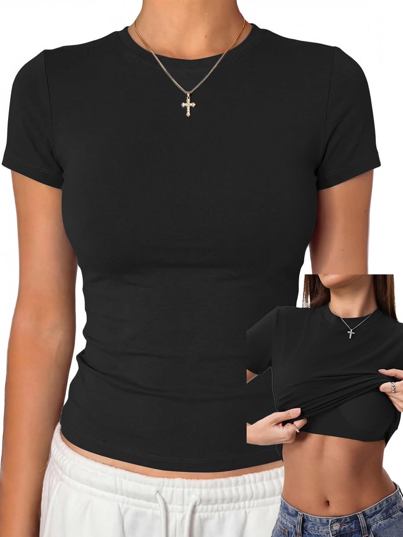 Danysu Womens Cotton Jersey Shirts Crewneck Short Sleeve Crop Tops Slim Fit Basic Y2K Gym Outfits Black X-Small - Image 1