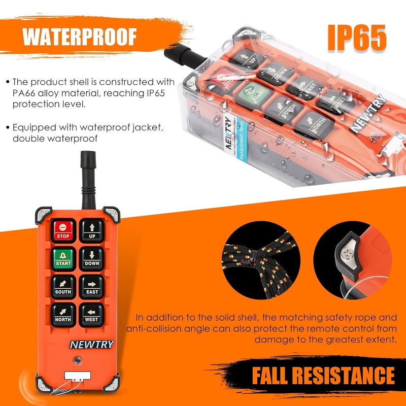 NEWTRY 8 Buttons Wireless Crane Remote Control 12V 2 Transmitters Industrial Channel Electric Lift Hoist Radio Switch Receiver (F21E1B Transmitter + DC 12V Receiver) - Image 4