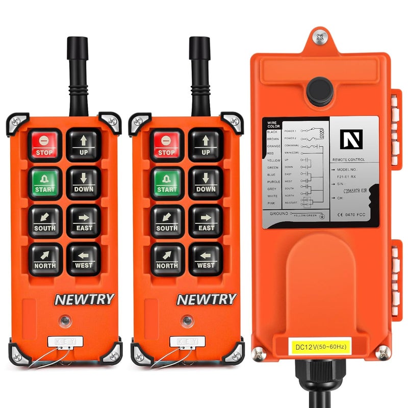 NEWTRY 8 Buttons Wireless Crane Remote Control 12V 2 Transmitters Industrial Channel Electric Lift Hoist Radio Switch Receiver (F21E1B Transmitter + DC 12V Receiver) - Image 1