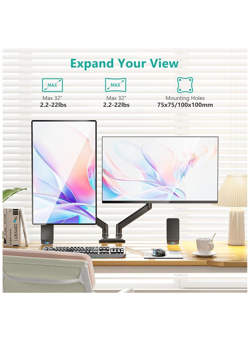 NNEWVANTE Dual Monitor Mount, Adjustable Gas Spring Monitor Desk Stand for 2 Monitors, Heavy Duty Monitor Arm up to 32 Inch Screen, Hold up to MAX 22lbs, Max Mounting Holes 100x100mm (Black2) - Image 2