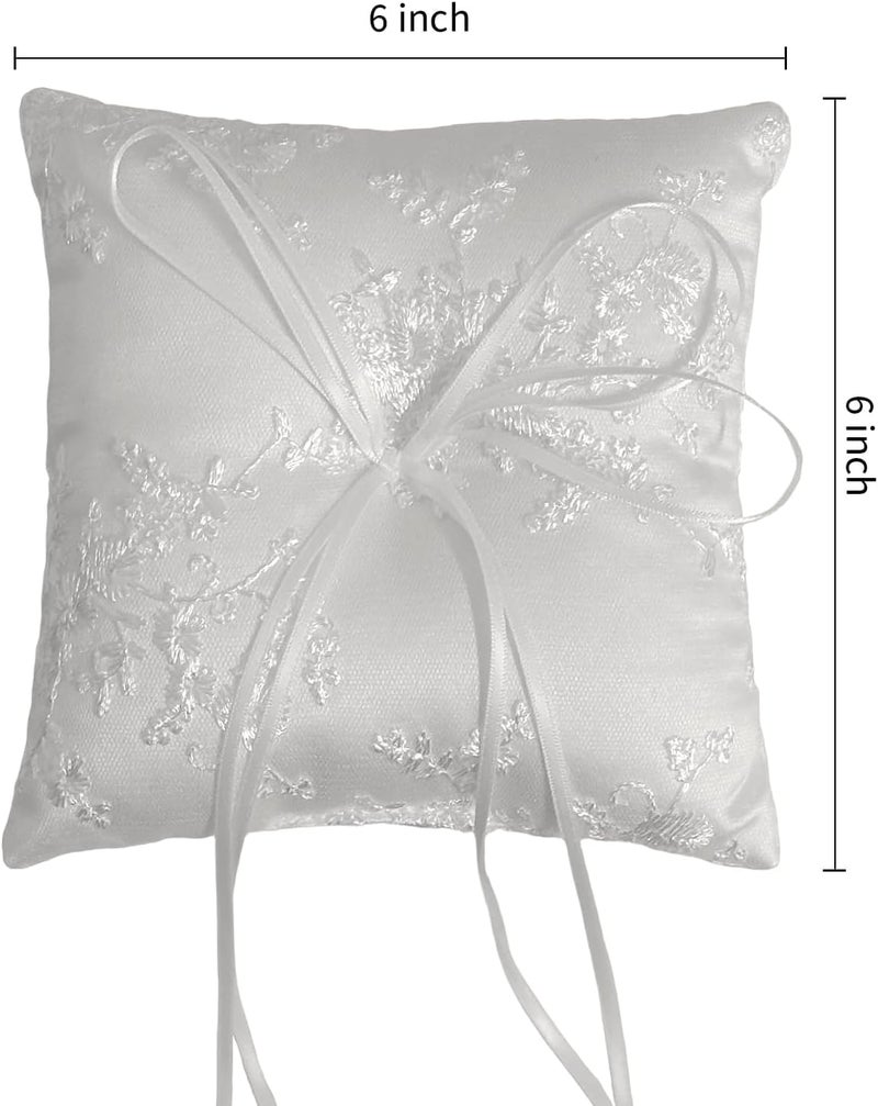 COSLANLEE Wedding Ring Bearer Pillow, White Satin with Floral Lace Embroidery and Ribbon Bow, Square 6 x 6 inches for Beach Proposal Ceremony Party - Image 2