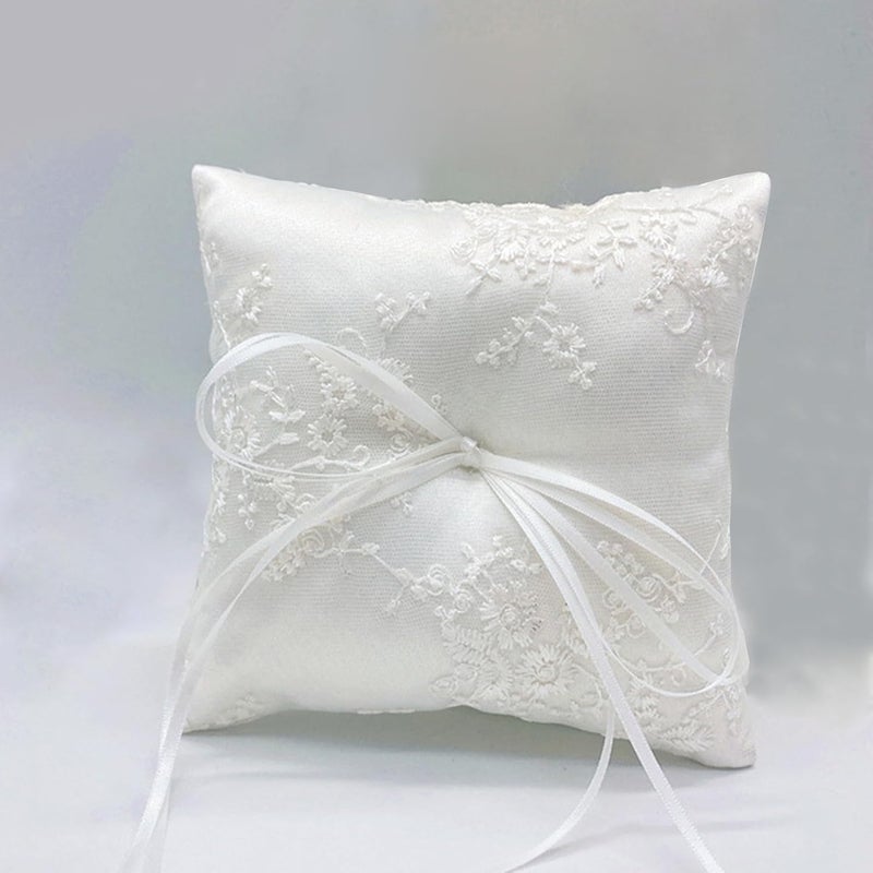 COSLANLEE Wedding Ring Bearer Pillow, White Satin with Floral Lace Embroidery and Ribbon Bow, Square 6 x 6 inches for Beach Proposal Ceremony Party - Image 1
