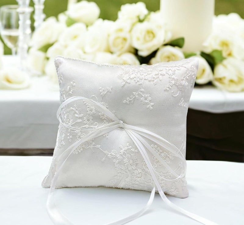 COSLANLEE Wedding Ring Bearer Pillow, White Satin with Floral Lace Embroidery and Ribbon Bow, Square 6 x 6 inches for Beach Proposal Ceremony Party - Image 4