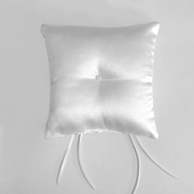 COSLANLEE Wedding Ring Bearer Pillow, White Satin with Floral Lace Embroidery and Ribbon Bow, Square 6 x 6 inches for Beach Proposal Ceremony Party - Image 5