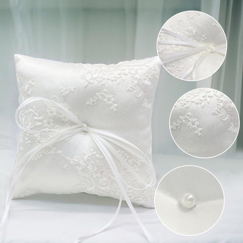 COSLANLEE Wedding Ring Bearer Pillow, White Satin with Floral Lace Embroidery and Ribbon Bow, Square 6 x 6 inches for Beach Proposal Ceremony Party - Image 3