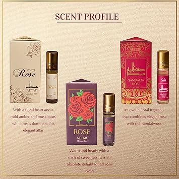 Dukhni Rose Attar Oil Set Authentic Arabic Fragrance Oils 100 Pure AlcoholFree Original Gulab Attar Blends Rose White Sandalia Gulab 6ml each - Image 3