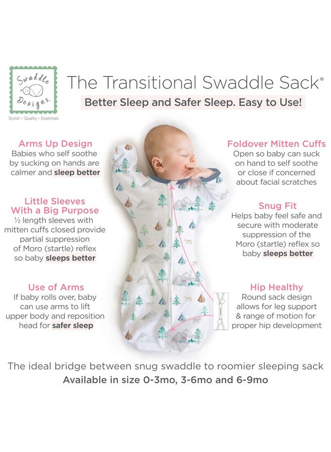 SwaddleDesigns Transitional Swaddle Sack, Arms Up Half-Length Sleeves & Mitten Cuffs, Swaddle for Newborn Transition to Baby Sleep Sack Wearable Blanket, 3-6 mo, 14-21 lb, Watercolor Mountains & Trees - Image 2