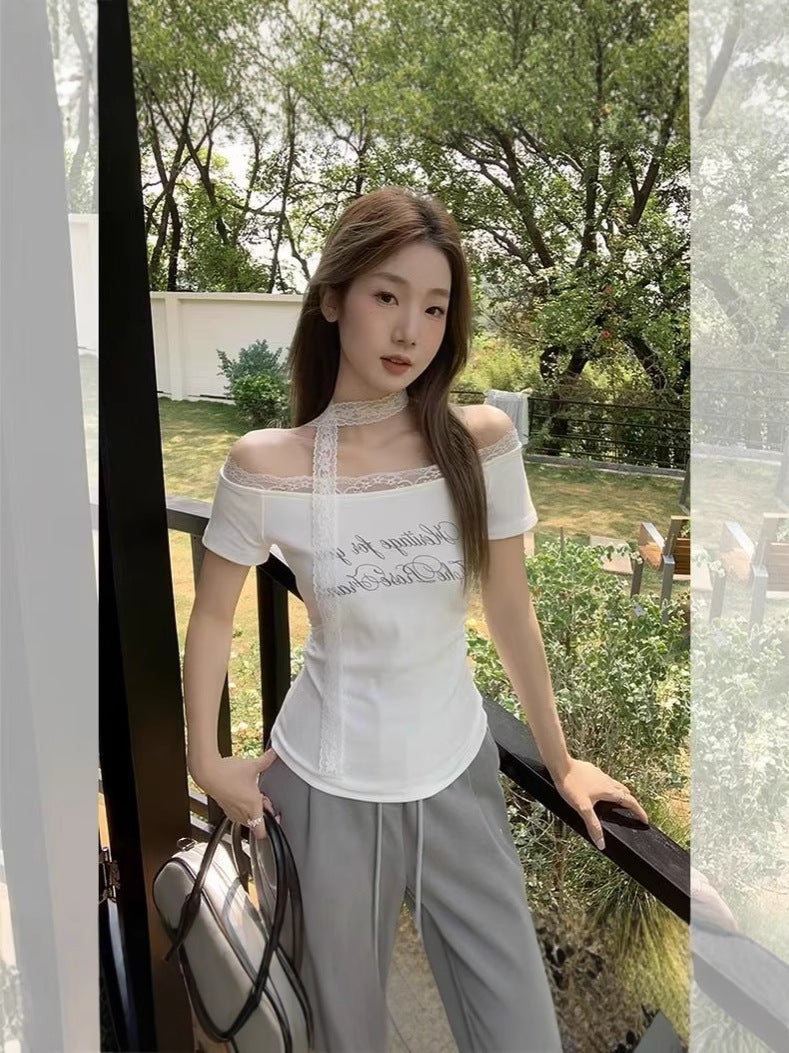 [Ready Stock in Our Own Factory] Lace One-Shoulder T-Shirt for Women Summer Letter Printed Short-Sleeved Versatile Top - Image 2
