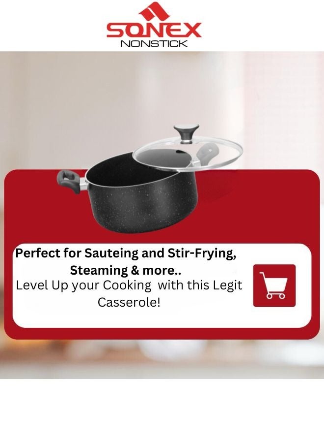 Sonex Casserole Black Granite, Premium Cookware, Even Heating, Tempered Glass Lid, High Quality Aluminum, Non-Stick Coating , Bakelite Heat Resistant Handle, Easy to Clean, 24Cm & 5 Ltr - Image 5