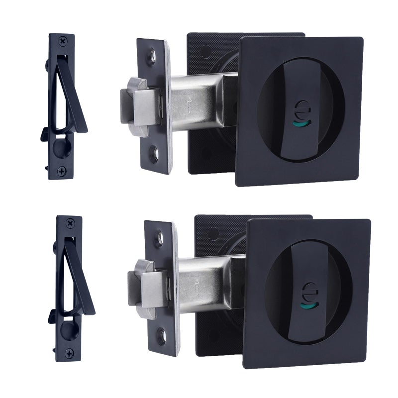 Dontay Square Pocket Door Lock with Edge Pull HandleColor Coded Indicators2 38 BacksetStainless Steel Recessed 2 Sidefor 1 38 to 2 316 BathroomSliding DoorMatte Black2 Set - Image 2
