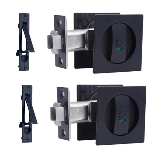 Dontay Square Pocket Door Lock with Edge Pull HandleColor Coded Indicators2 38 BacksetStainless Steel Recessed 2 Sidefor 1 38 to 2 316 BathroomSliding DoorMatte Black2 Set - Image 1