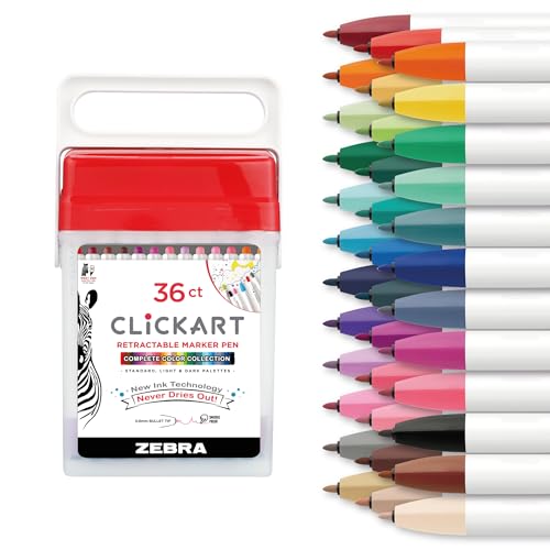 Zebra Pen قلم زيبرا بن CLiCKART القابل للسحب، بألوان حبر متنوعة، 0.6 مم نقطة رفيعة، يمتص الرطوبة لمنع الجفاف، مستلزمات مدرسية ومستلزمات المعلمين، عبوة 36 مع علبة (69836) - Image 1