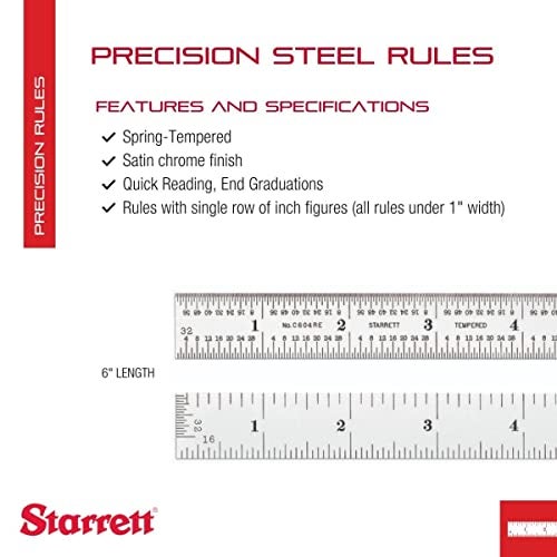 Starrett Spring Tempered Steel Rule with Satin Chrome Finish, Quick Reading and Inch Graduation - 6" Length, 4R Graduation Type, 3/64" Thickness - C604RE-6 - Image 2