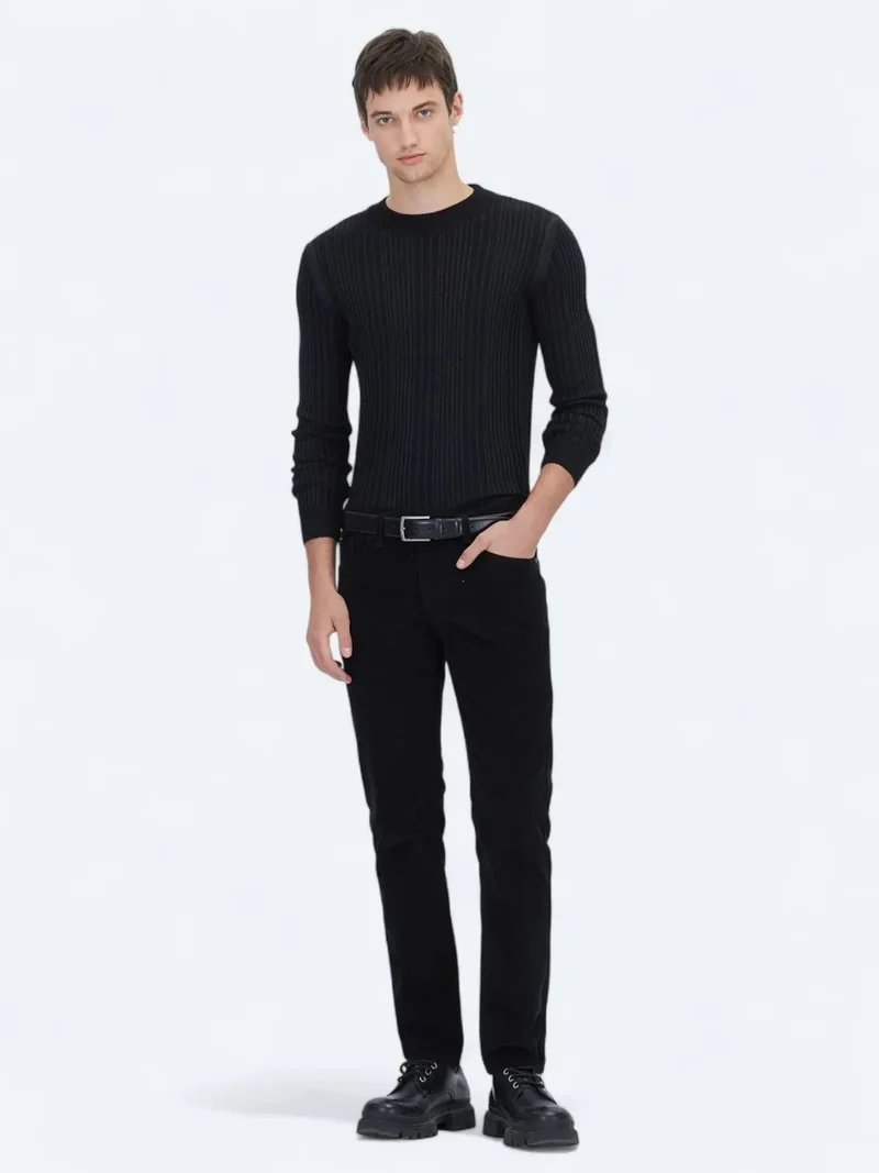 Kip Black Weaving Slim Fit Casual Cotton Blended Trousers