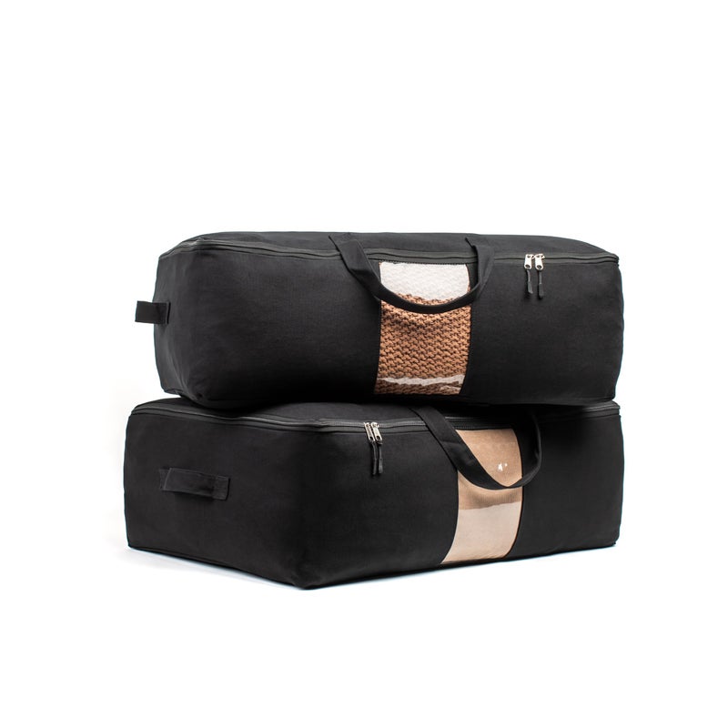 VeraMia Soft Canvas Storage Bags with Zipper. Thick Breathable, 2pc King/Queen Comforter Organizer. Four Carrying Handles and Window. Large 25x19x9in Bag for Sheets Blankets Bedding Pillows, Clothes (Black) - Image 1