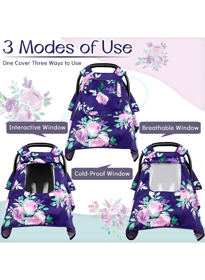 TANOFAR Baby Carseat Seat Cover Girls, Summer Carseat Canopy, Sun Shade Cover with Zipper Peep Windows, Infant Minky Carrier Cover, Soft Breathable, Baby Must Have, Purple Stuff - Image 4