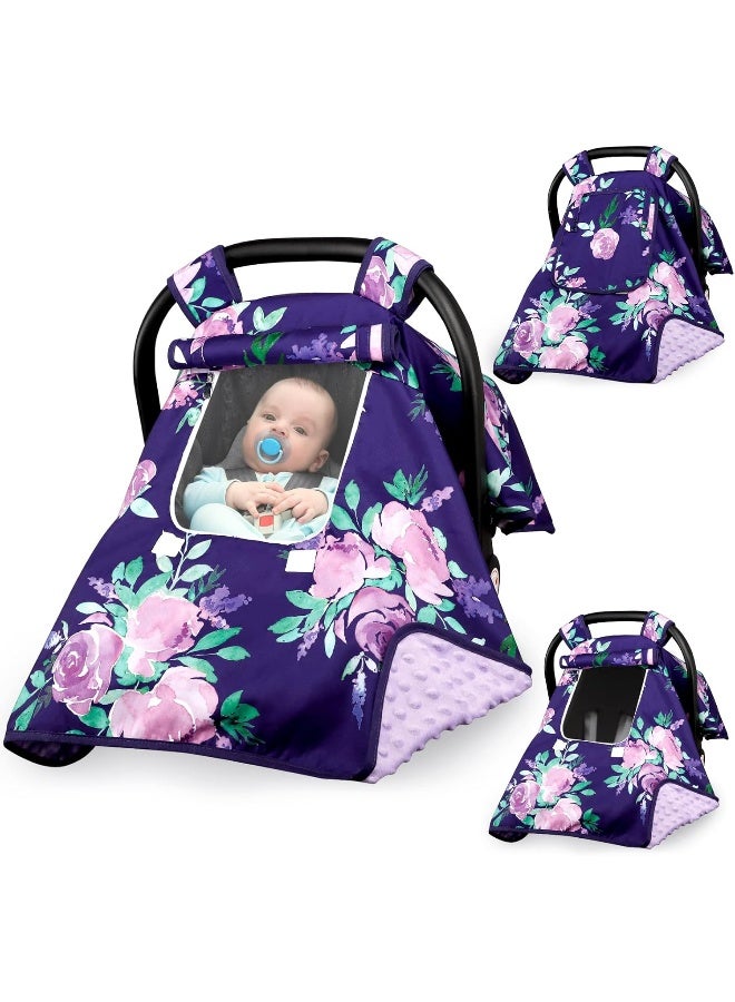 TANOFAR Baby Carseat Seat Cover Girls, Summer Carseat Canopy, Sun Shade Cover with Zipper Peep Windows, Infant Minky Carrier Cover, Soft Breathable, Baby Must Have, Purple Stuff - Image 1