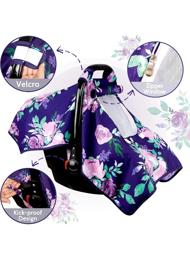 TANOFAR Baby Carseat Seat Cover Girls, Summer Carseat Canopy, Sun Shade Cover with Zipper Peep Windows, Infant Minky Carrier Cover, Soft Breathable, Baby Must Have, Purple Stuff - Image 3