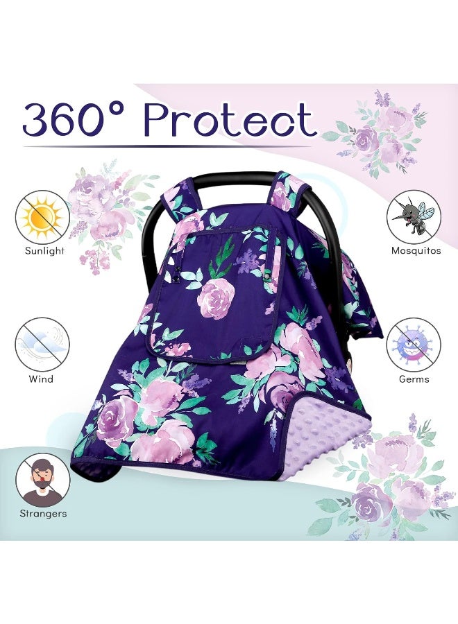 TANOFAR Baby Carseat Seat Cover Girls, Summer Carseat Canopy, Sun Shade Cover with Zipper Peep Windows, Infant Minky Carrier Cover, Soft Breathable, Baby Must Have, Purple Stuff - Image 2