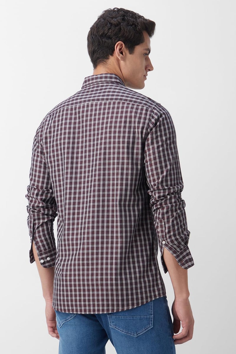 Peter England Men's Slim Fit Full Sleeve Checkered Casual Shirt | 100% Cotton | Premium Twill Weave Chocolate - Image 3