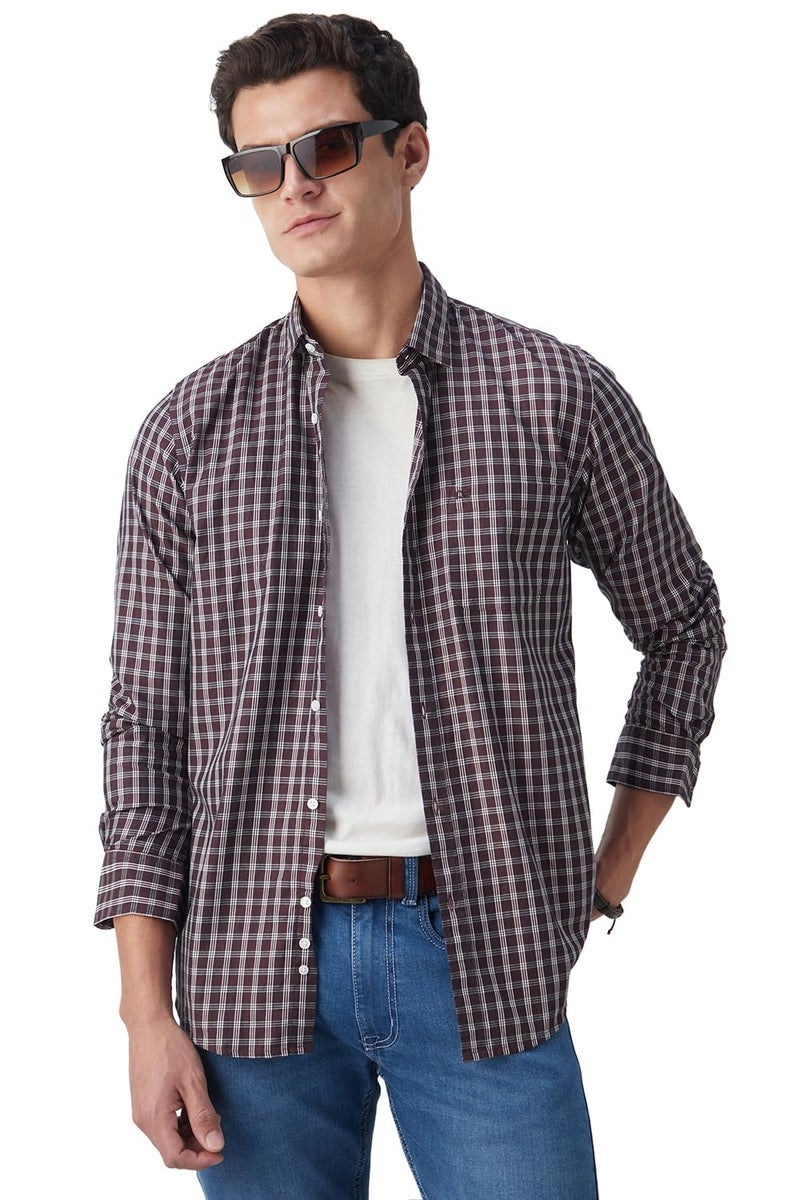 Peter England Men's Slim Fit Full Sleeve Checkered Casual Shirt | 100% Cotton | Premium Twill Weave Chocolate - Image 1