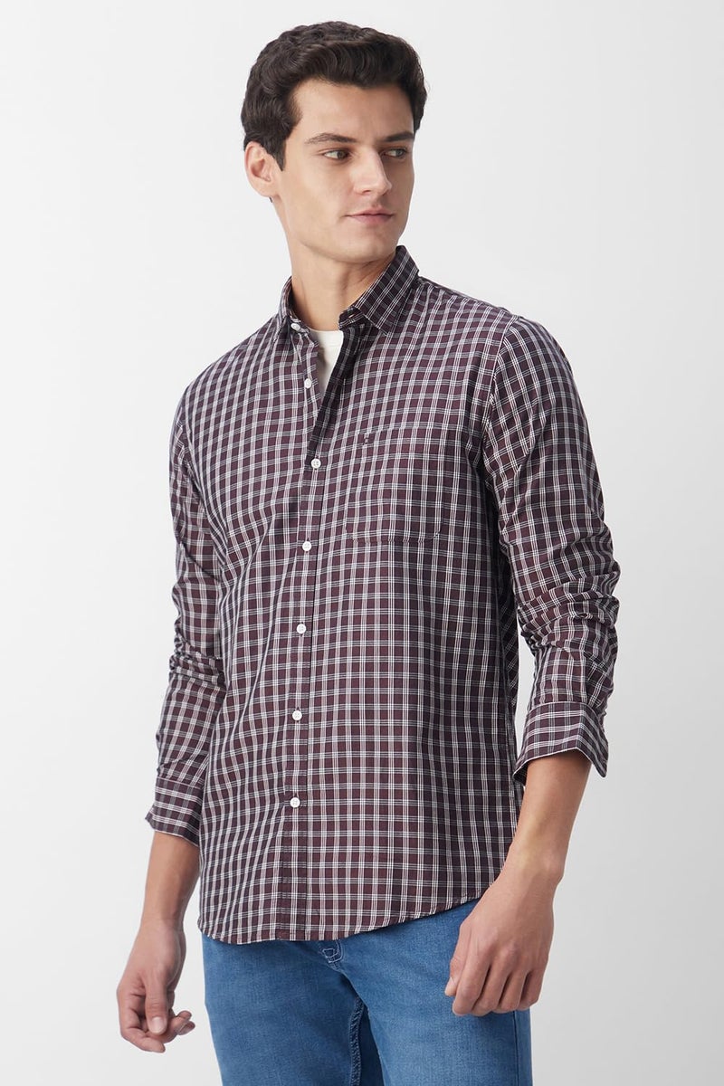 Peter England Men's Slim Fit Full Sleeve Checkered Casual Shirt | 100% Cotton | Premium Twill Weave Chocolate - Image 2