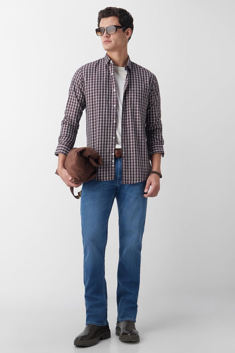 Peter England Men's Slim Fit Full Sleeve Checkered Casual Shirt | 100% Cotton | Premium Twill Weave Chocolate - Image 5