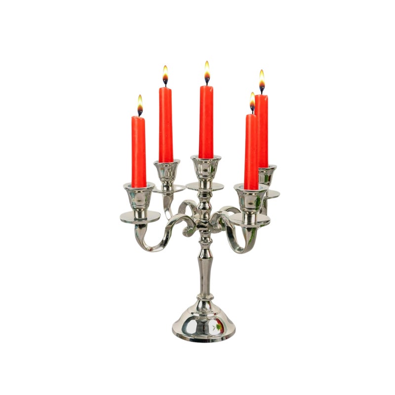 Rely+ 5 Arm Baby Candelabra Silver Glossy 8 Inch Taper Candle Holders Gothic Decorations Candlesticks Holder Home Decor Wedding Parties Centerpiece for Dining Table - Image 1