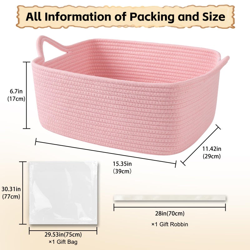 OIAHOMY 19L Woven Basket, Gift Basket Empty with Gift Bags and Ribbons, Rope Baskets for Baby Showers, Storage Baskets with Handles for Nursery, Pet Toy Organizer - Pink - Image 2