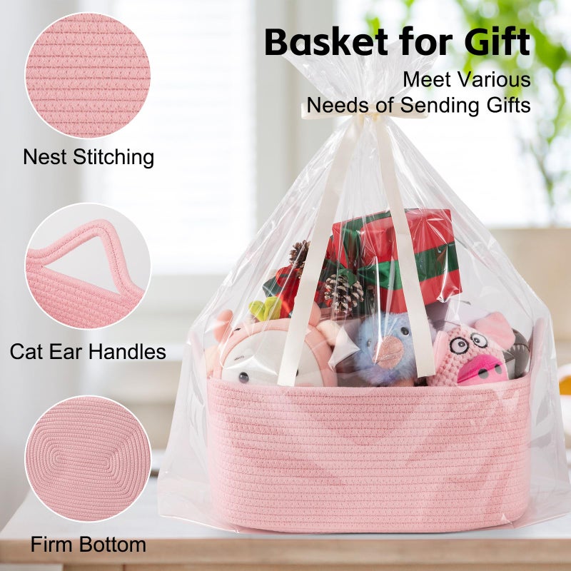OIAHOMY 19L Woven Basket, Gift Basket Empty with Gift Bags and Ribbons, Rope Baskets for Baby Showers, Storage Baskets with Handles for Nursery, Pet Toy Organizer - Pink - Image 3