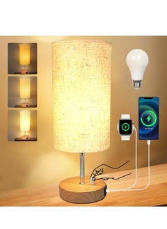 General Ponicozy Bedside Table Lamp, Dimmable Nightstand Lamp, Bedroom Lamp with LED Bulb, Rotary Switch, & Round Flaxen Fabric Shade,Wooden Base For Room, Living Room, Office, Dormitory  - Image 1