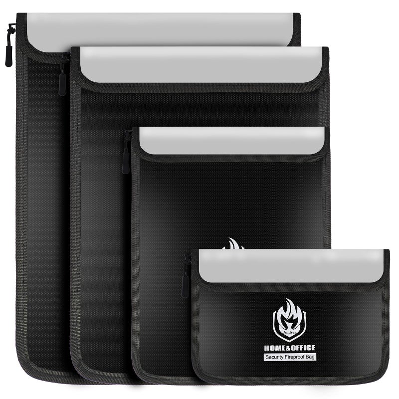 andyer 4 Pack Fireproof Document Bags Waterproof Document Pouch Holder with Zipper Fire Proof Money Bag for Cash Fireproof Envelope Fire Safe Bag Fire Resistant Storage for LegalA4 Size Black - Image 2