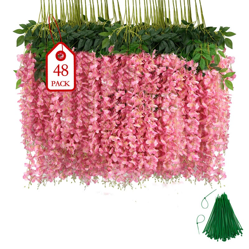 BIRDDIE 48 Pcs of Artificial Wisteria Hanging Flowers, 3.75 Feet Fake Wisteria Flower Strings for Backdrop, Wedding, Ceremony,Garden and Home Wall Decoration (Pink) - Image 1