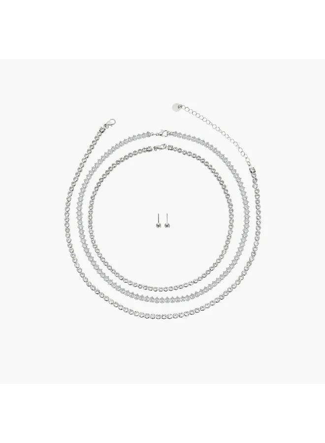 لايف ستايل Set of 4 - Stone Embellished Silver Tone Necklace and Earrings