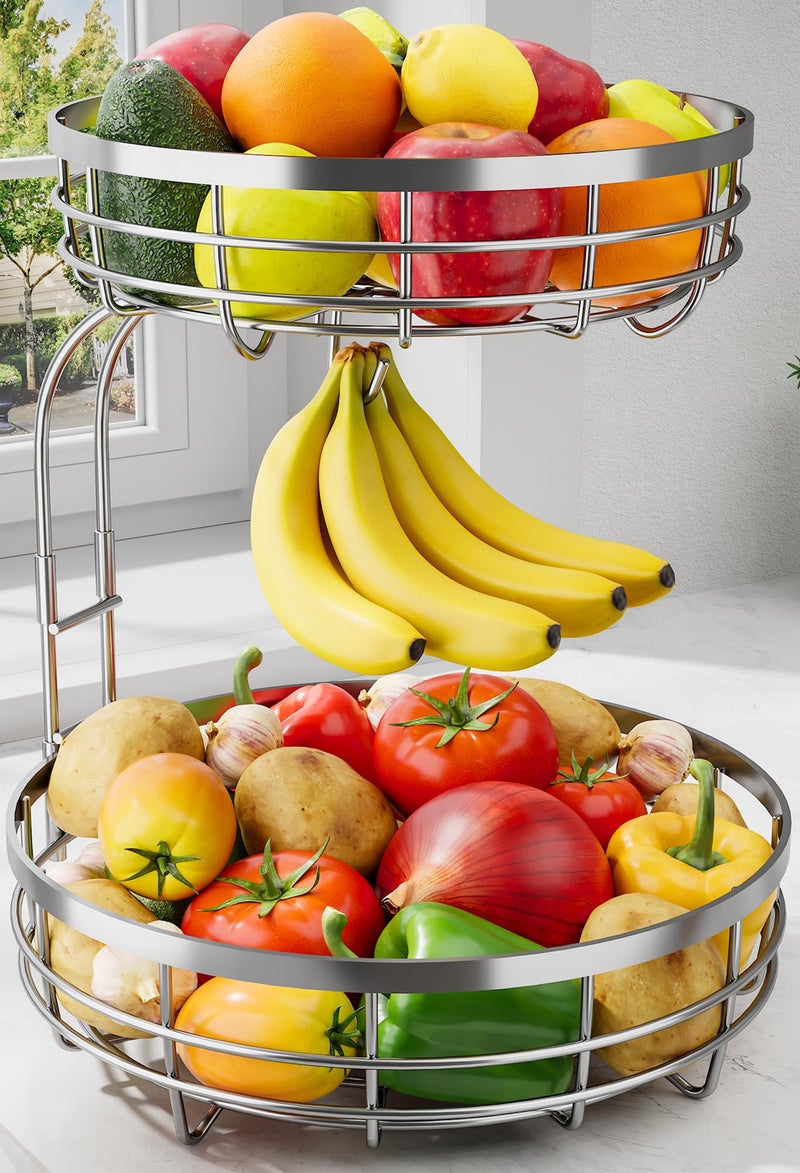 Sakugi Fruit Basket for Kitchen Counter 2Tier Large Capacity Fruit Bowl with Detachable Banana Hanger RustProof Metal Fruit Holder for Vegetables Bread Toiletry10 D x 10 W x 14 H Silver - Image 2