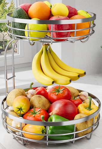 Sakugi Fruit Basket for Kitchen Counter 2Tier Large Capacity Fruit Bowl with Detachable Banana Hanger RustProof Metal Fruit Holder for Vegetables Bread Toiletry10 D x 10 W x 14 H Silver - Image 1