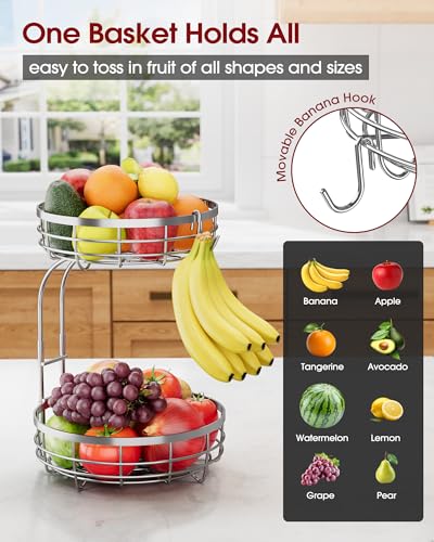 Sakugi Fruit Basket for Kitchen Counter 2Tier Large Capacity Fruit Bowl with Detachable Banana Hanger RustProof Metal Fruit Holder for Vegetables Bread Toiletry10 D x 10 W x 14 H Silver - Image 3