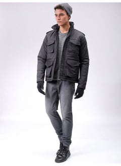The Indian Garage Co Mens Black Slim Fit Utility Hooded Zipper Placket Flap Pocket Winter Jacket  - Image 1