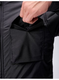 The Indian Garage Co Mens Black Slim Fit Utility Hooded Zipper Placket Flap Pocket Winter Jacket  - Image 2