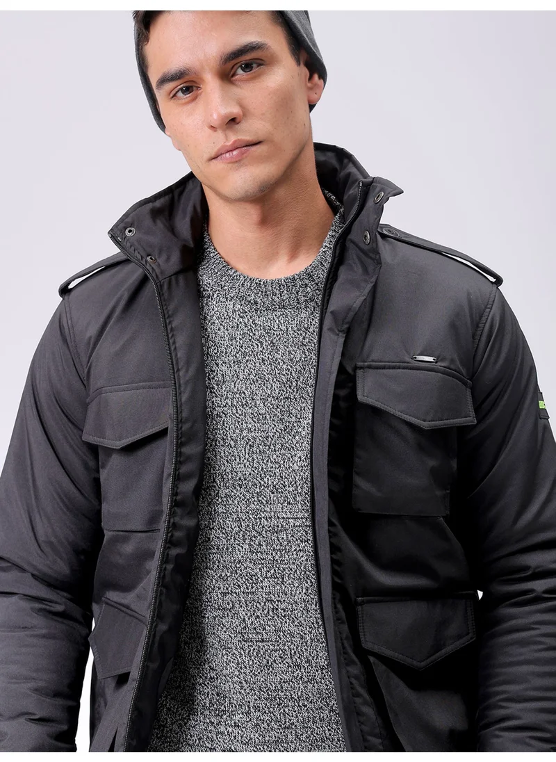 The Indian Garage Co Mens Black Slim Fit Utility Hooded Zipper Placket Flap Pocket Winter Jacket