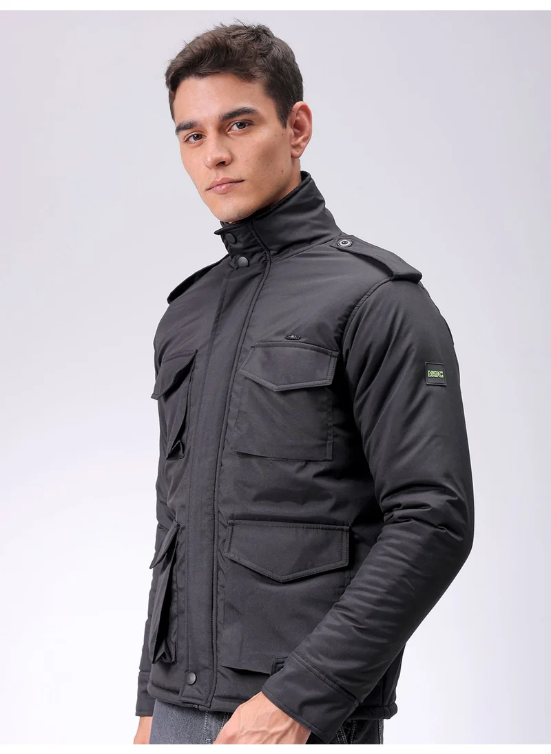 The Indian Garage Co Mens Black Slim Fit Utility Hooded Zipper Placket Flap Pocket Winter Jacket