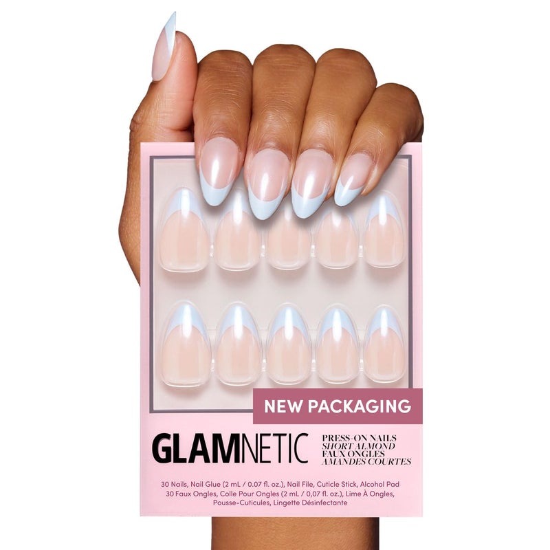 Glamnetic Press On Nails  Blueberry Icing  Short Almond Baby Blue French Tip Nails with a Glaze Finish  15 Sizes  30 Nail Kit with Glue